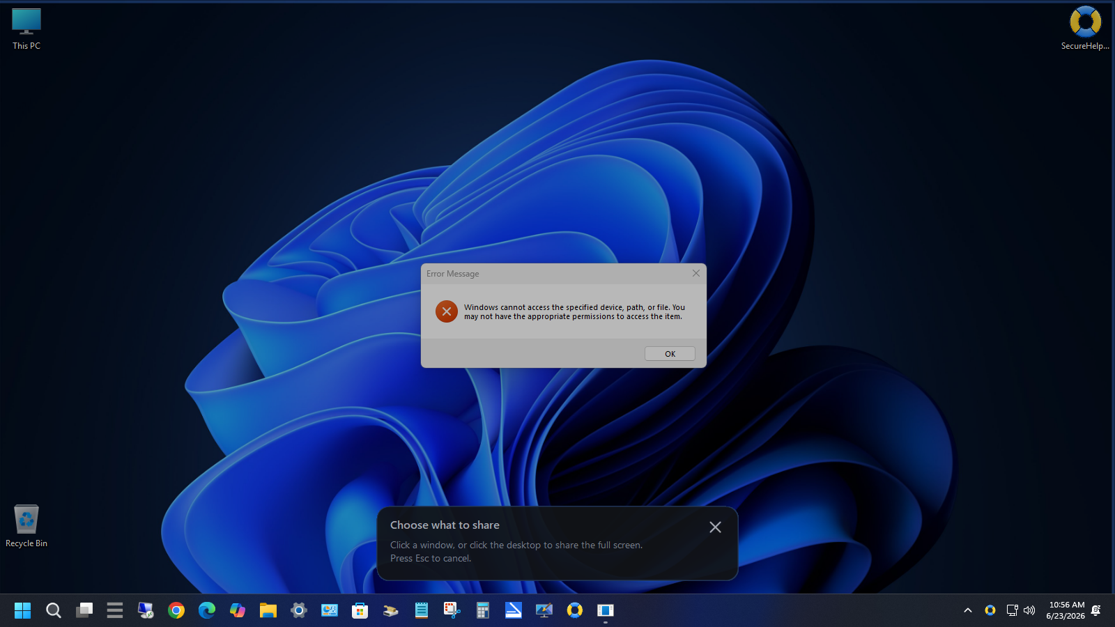 Secure Helper showing a Windows error message and choose what to share screen